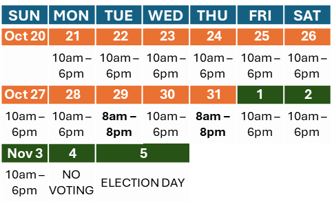 A calendar showing the hours of voting and election day.